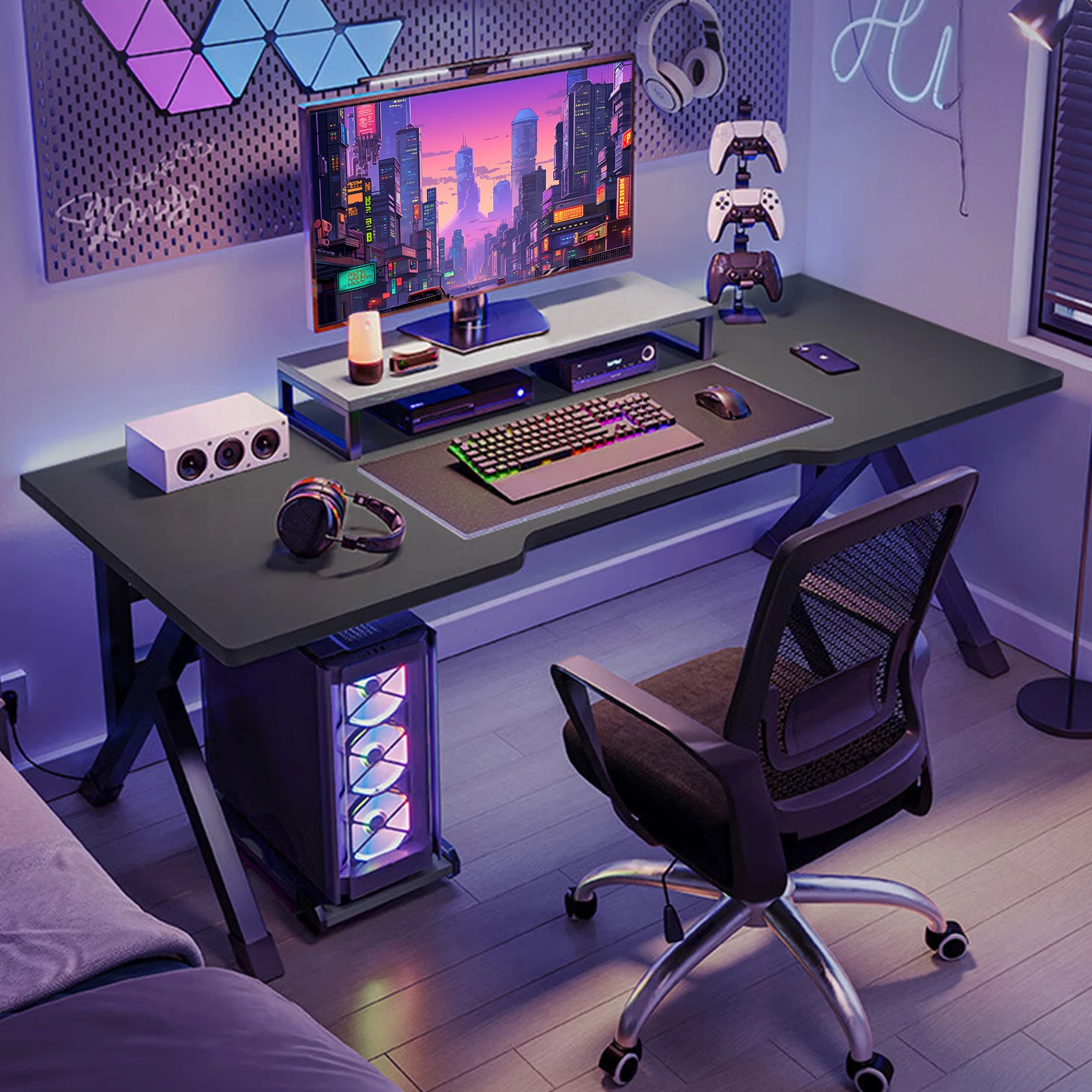 

Gaming Desk, Ergonomic Computer Game Table with X-shaped Steel Legs, Sturdy PC Workstation Desk for Home Office with Cable Holes