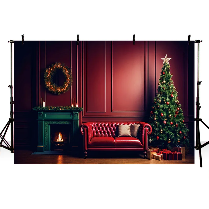 Mehofond Christmas Retro Red Wall Backdrop for Photography Xmas Tree Gift Star Sofa Decor Background Kid Family Portrait Photo