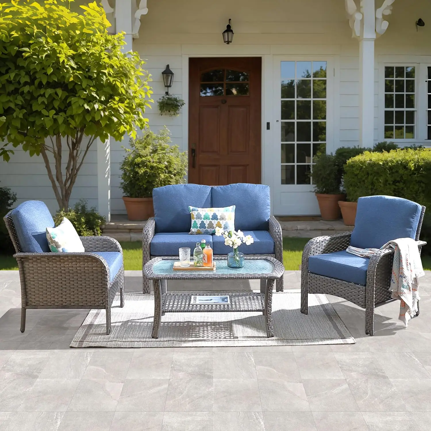 

ovios 4 Pieces Patio Furniture Set, Outdoor Wicker Sofa with Coffee Table, Chairs, All Weather High Back Rattan Loveseat Couch w