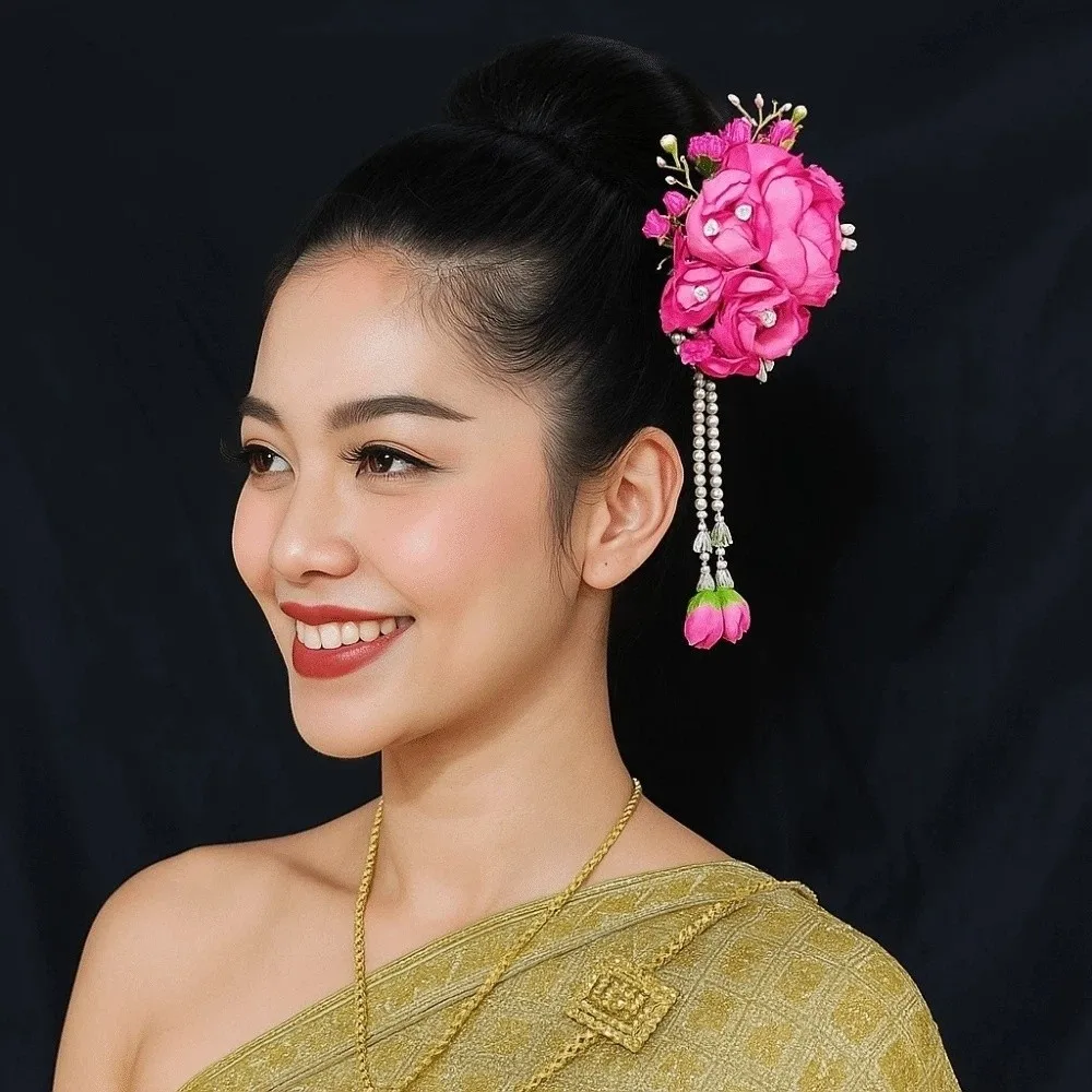 

Заколка для волос с милыми цветами и кисточками, головные уборы с цветочным принтом, пластиковая расческа-тюльпан, тканевый шиньон в тайском стиле, заколки для волос