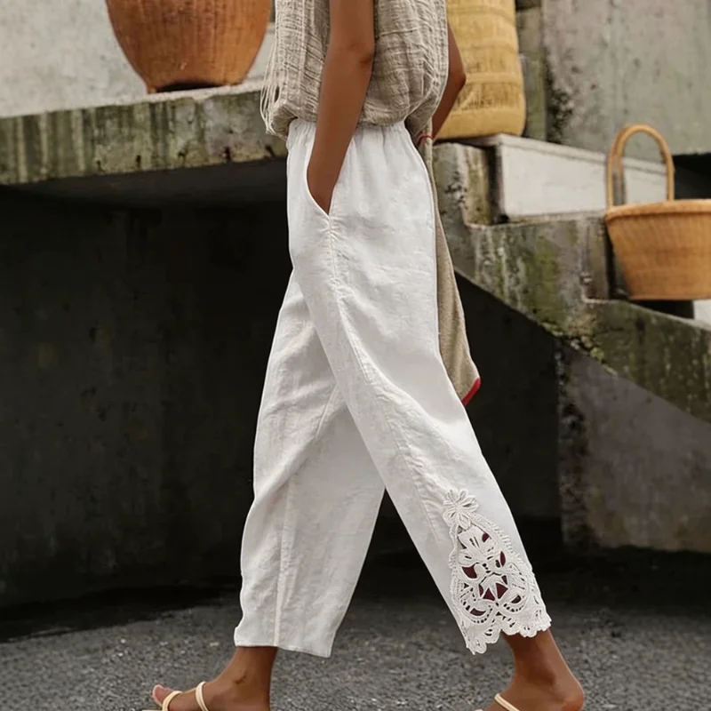 Women Cotton Linen Elastic Waist Solid Hollow Lace Cropped Straight Casual Pants
