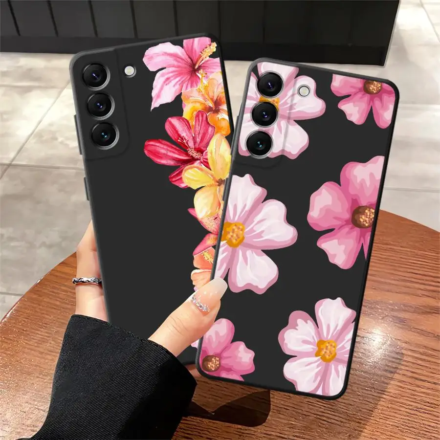 Case for Samsung Galaxy A70 A06 A04 A05 A50 A40 A16 A20 A13 A17 A10 A12 A30 A15 Black Soft Phone Cover Pink Lily Flower Pattern