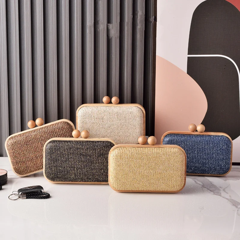

Summer Beach Straw Woven Box Clutch Natural Wooden Frame Casual Vacation Small Purse for Women Outdoor Wedding Evening Bags