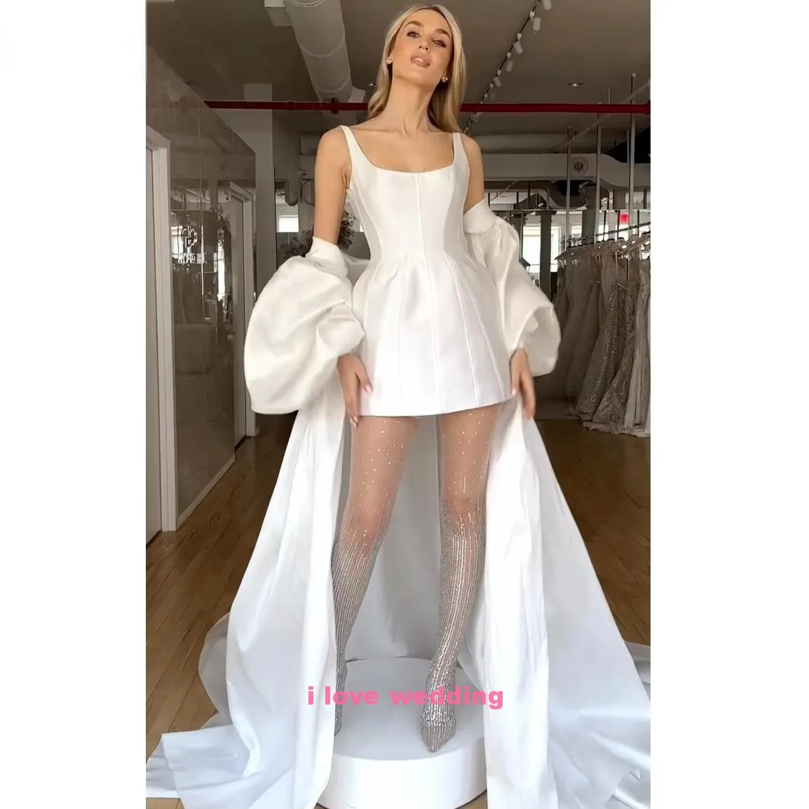 Prom Dresses 2025 White Wedding Party Dress Satin Low/High Spaghetti Strap Sex Puff Sleeves Evening Dress Elegant Customized