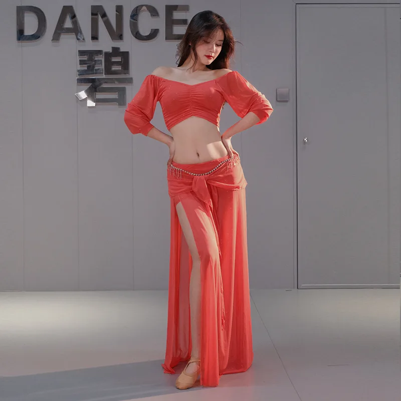 Personalizado 2025 novo traje de dança do ventre tamanho grande vestido prática conjunto topos e saia com malha vestido desempenho dança oriental