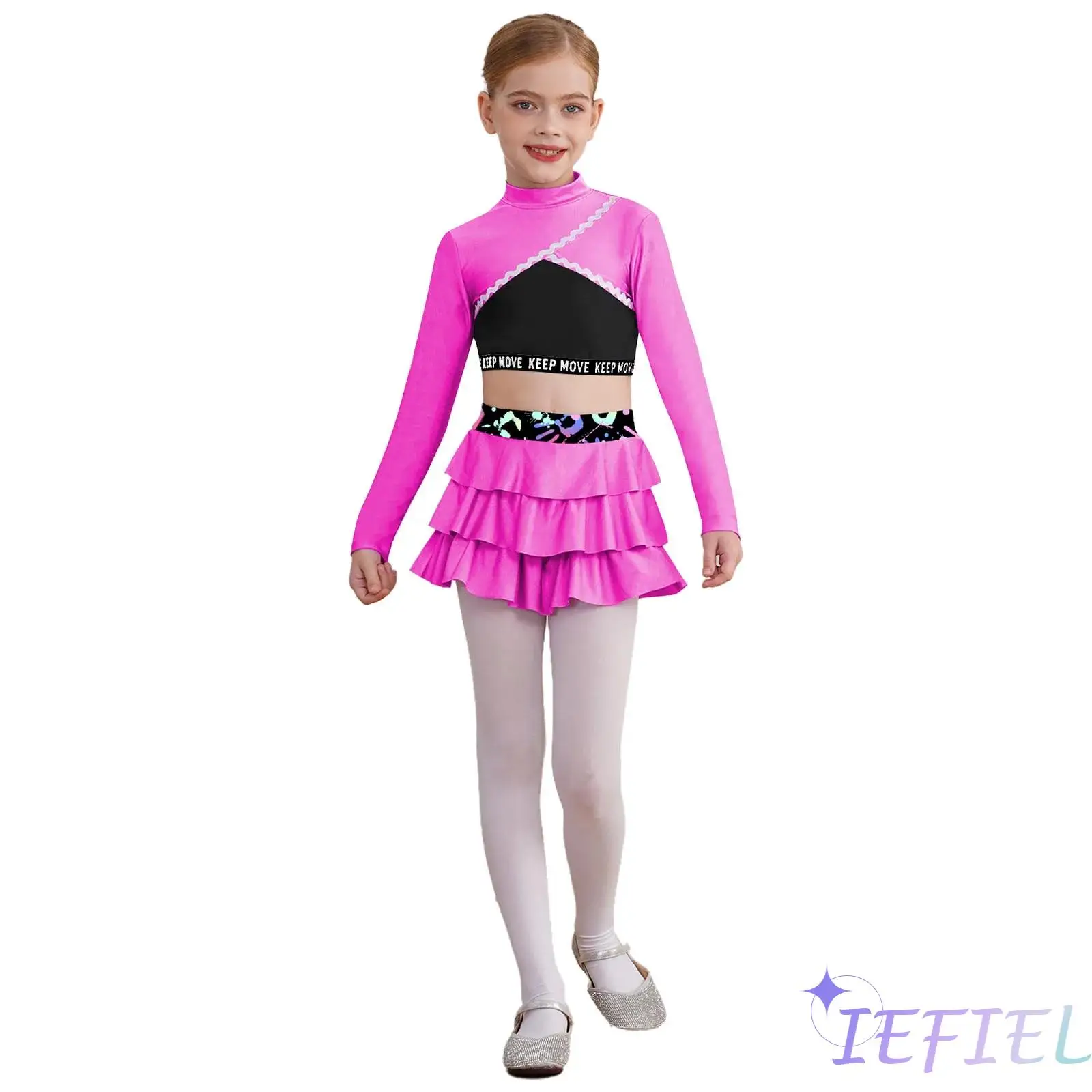 

Kids Girls 2 Pieces Figure Skating Jazz Dance Outfit Long Sleeve Crop Top with Skirt Set Modern Dancewear Tennis Golf Sportswear