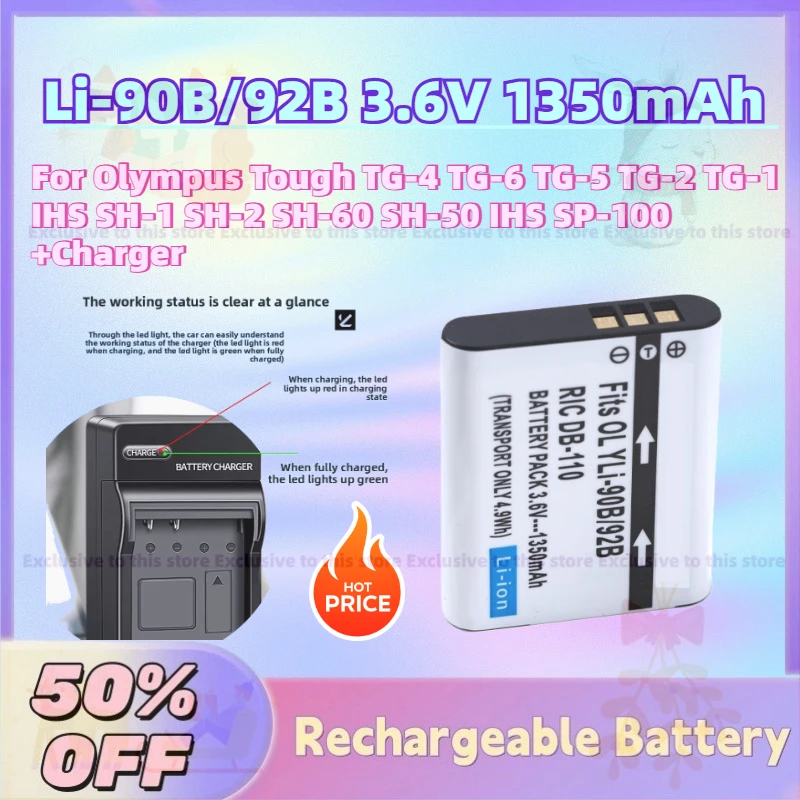 

Аккумулятор Li-90B/92B 3.6V 1350mAh для Olympus Tough TG-4 TG-6 TG-5 TG-2 TG-1 IHS SH-1 SH-2 SH-60 SH-50 IHS SP-100 + Зарядное устройство