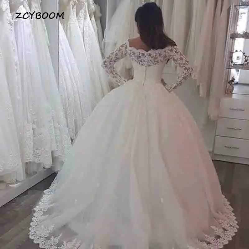 Vestido de novia de manga larga con apliques de encaje exquisitos, vestido de novia de línea a, 2023 botones, ilusión trasera, tren de corte