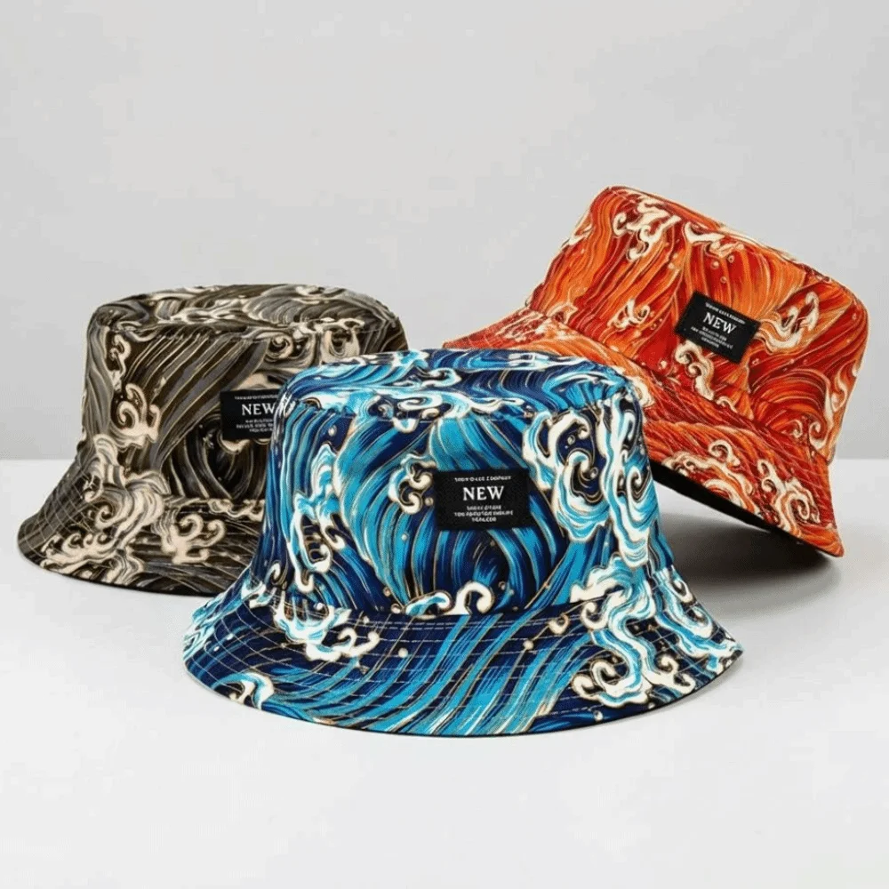 Fashion Packable Reversible Bucket Hat UV Protection Lightweight Sun Hat Durable Sea Waves Pattern Beach Cap For Men Women