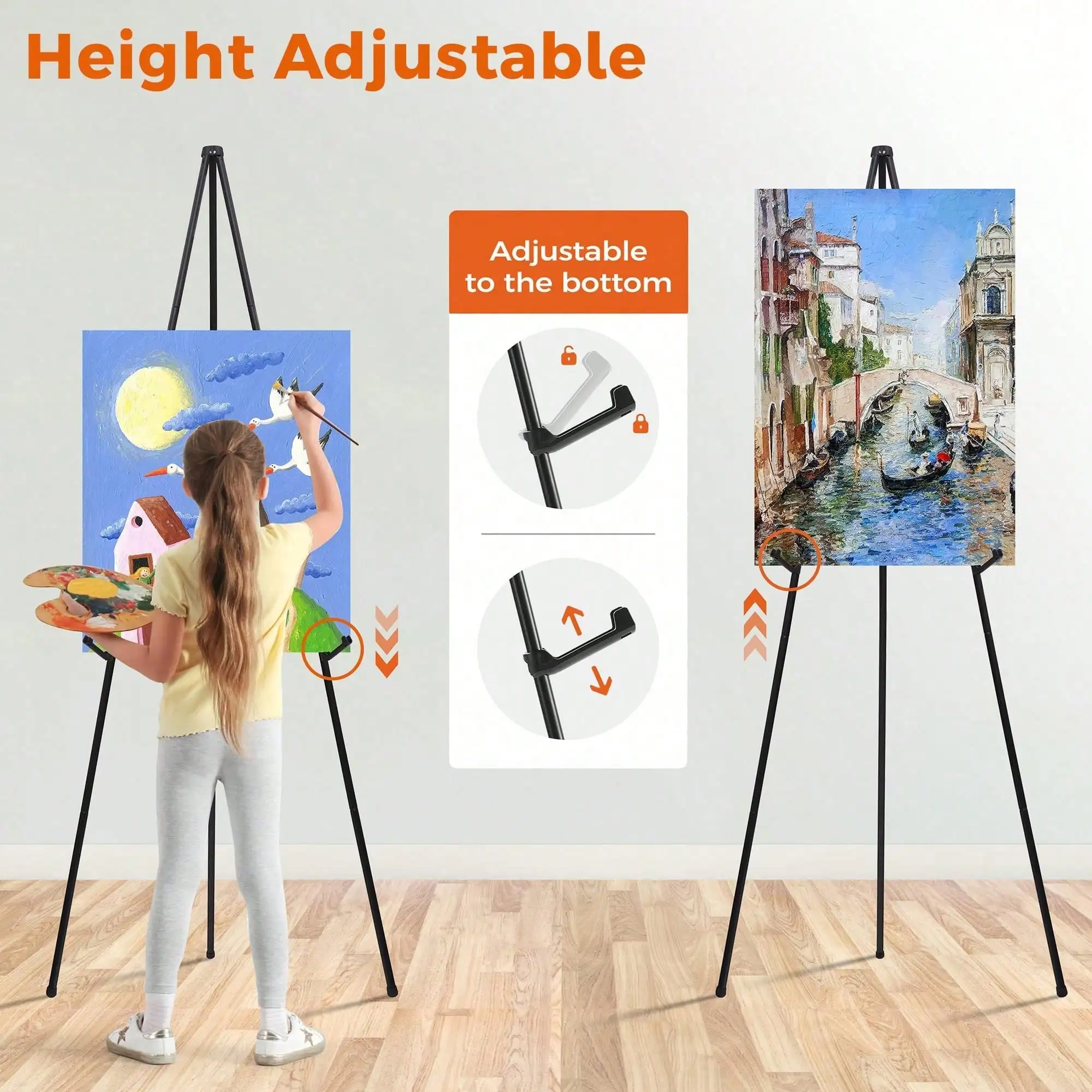 Adjustable Metal Tripod Art Easel Stand,66 Inch Foldable Floor Display Holder,Portable Painting Stand With Storage Bag For Canvas,Artwork,Poster,Artist Studio,Art Class,Sketching,School Exhibition,Craft Creation And Indoor Art Display