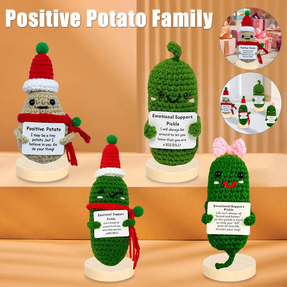 Positive Energy Potato Cucumber Doll with Card Mini Crochet Plush Wool Knitting Dolls Cute Funny Christmas Gift Room Home Decor