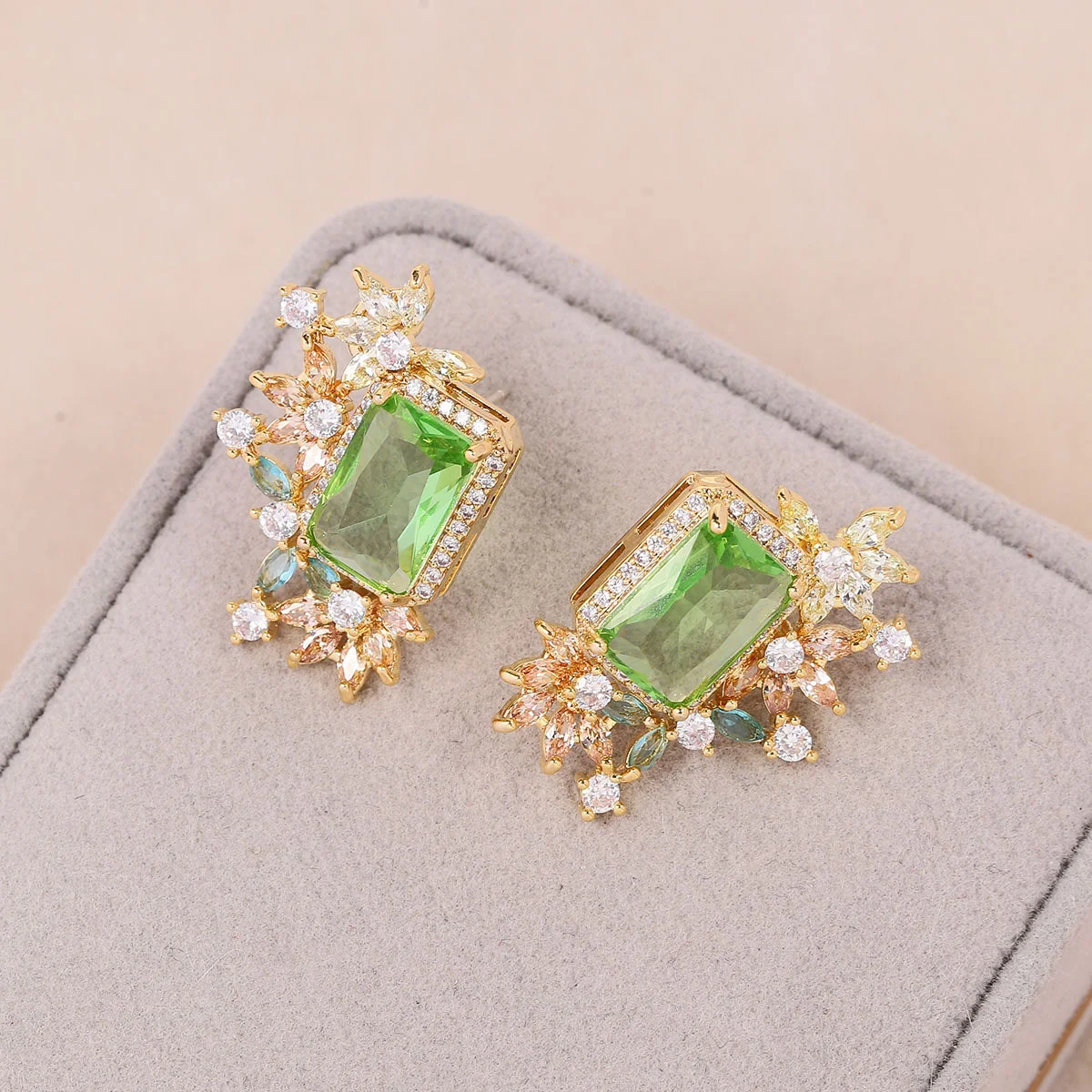 

925 Silver Needle Green Gemstone Floral Stud Earrings, Gold-Tone Statement Jewelry for Women Party Daily Wear