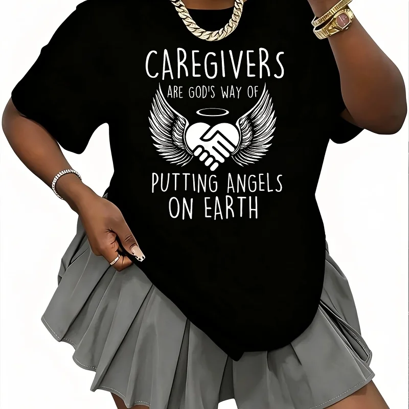 Caregivers Are God's Way of Putting Angels - Women's Unisex Black Cotton Polyester Caregiving Women's 100% Cotton T-Shirt Fun Print Short Sleeve Top Casual Round Neck Tee S-5Xl