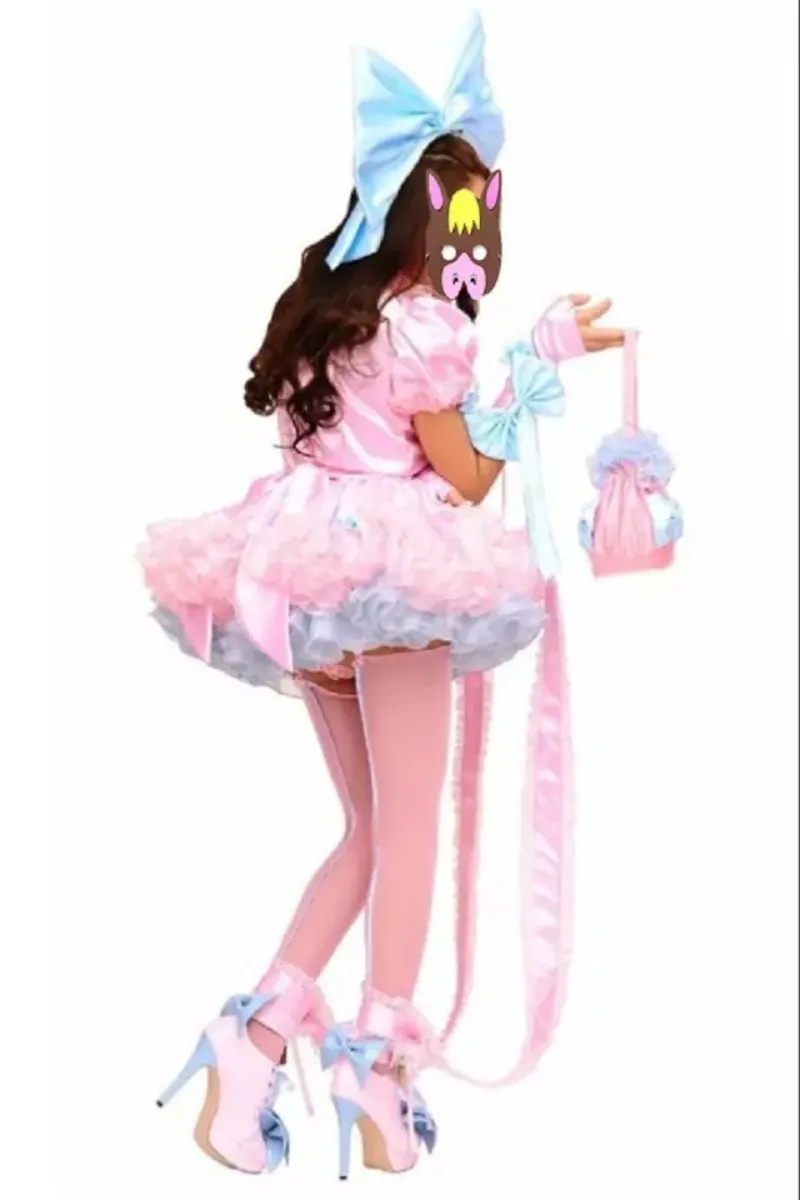 Sissy roze satijnen jurk meid pluizig afsluitbaar cosplay Halloween kostuum partij aangepast
