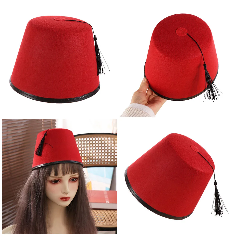 Universal Round Felt Fez Cap Moroccan Hat Red Color Tarboosh Fez Hat Ottoman Breathable Turkish Tassels Cap Festival Supplies