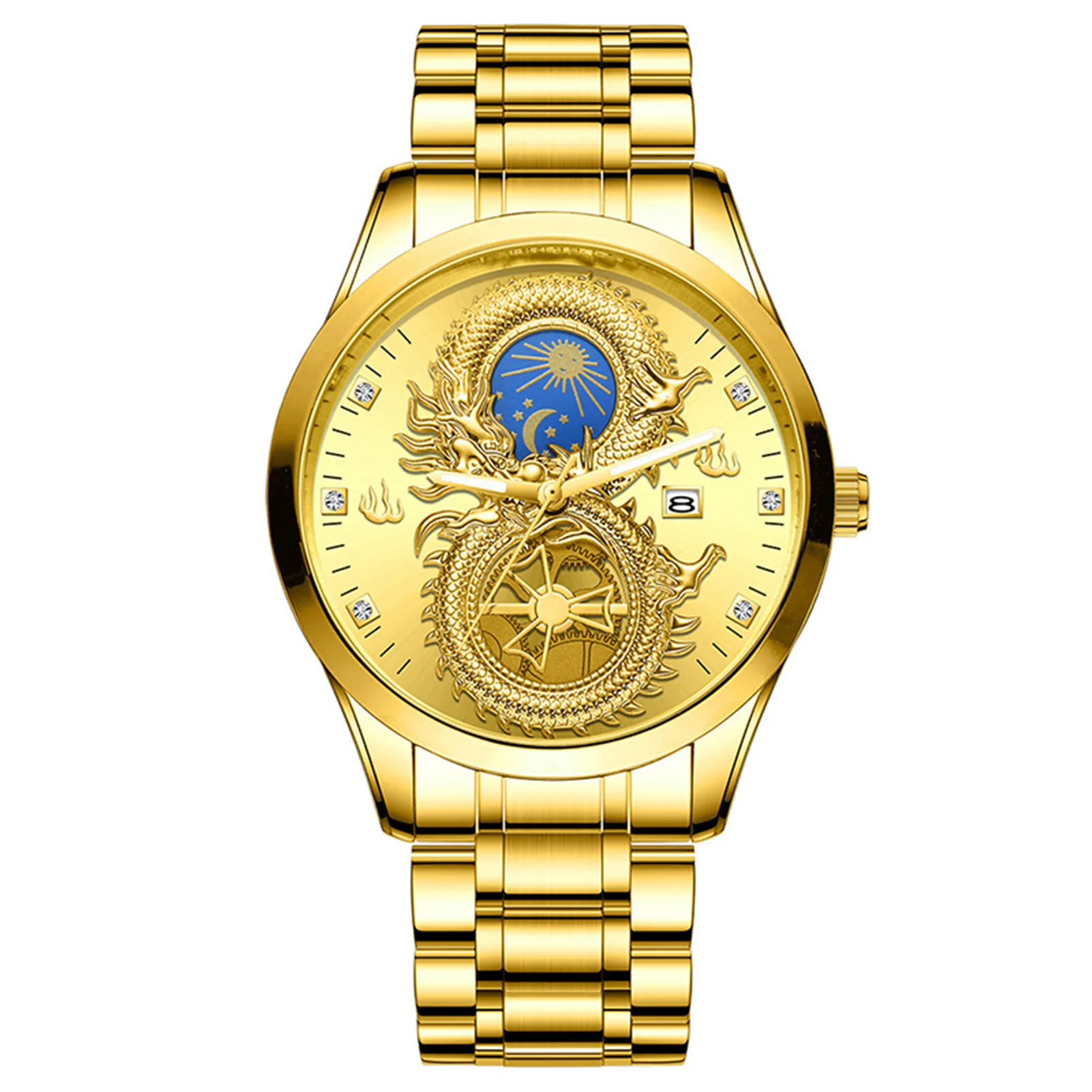 Men's Luxury Business Watch Moon And Star Glow In The Dark Calendar Gold Plated Waterproof