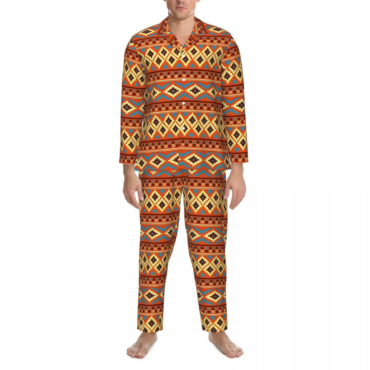 Aztec Art Tribal Print Sleepwear Autumn Casual Loose Oversized Pajama Set Man Long-Sleeve Fashion Daily Custom Nightwear