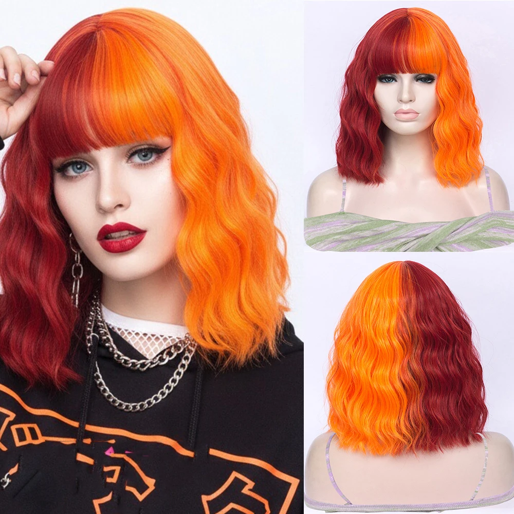 

Синтетический короткий парик-каре с волнистыми локонами, красно-оранжевый, с челкой, для женщин, для костюмов Лолиты и тематических вечеринок, искусственные волосы