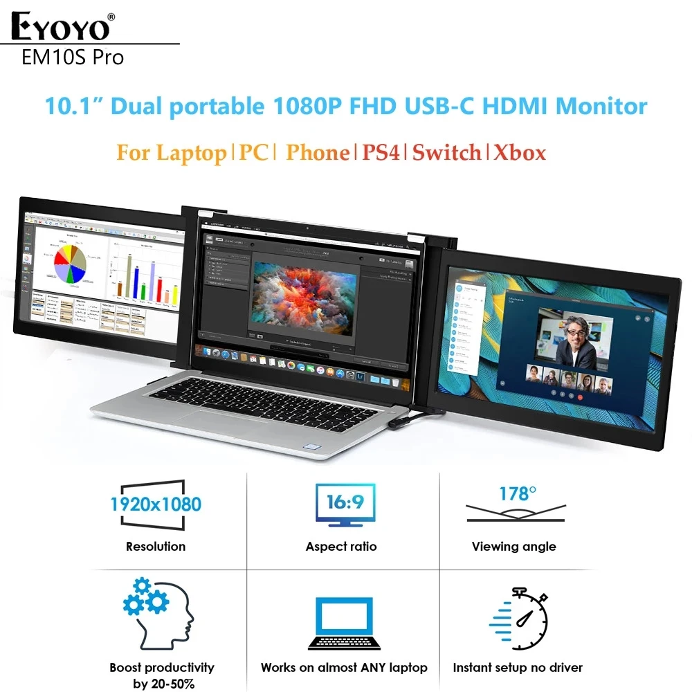 

Eyoyo Portable Monitor 10.1 Inch USB C Computer HD Display Full HD 1920x1080p IPS Screen Gaming Monitor for Laptop PC Mobile PS4