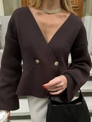 Elegant Brown Double Buttons Knitted Cardigan Women Fashion V Neck Long Flare Sleeve Loose Outwear 2024 Autumn High Streetwear