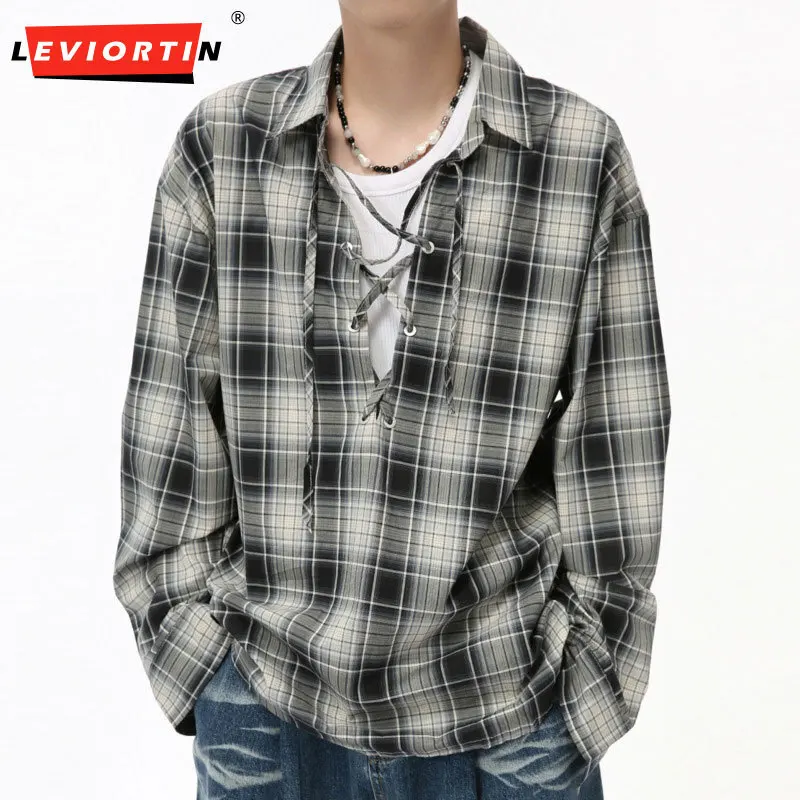 

LEVIORTIN Autumn Men's Shirts Casaul Plaid Turn-down Collar Lace-up Design Clothing Long Sleeve Loose Male Tops Trend 2024