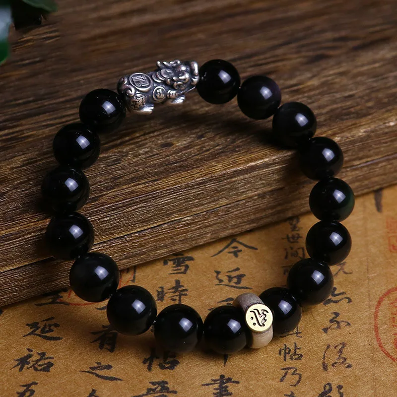 Obsidian Empty Tibetan Posa Benming Buddha Female 999 Silver Brave Troops Bracelet Men's and Women's Ornament