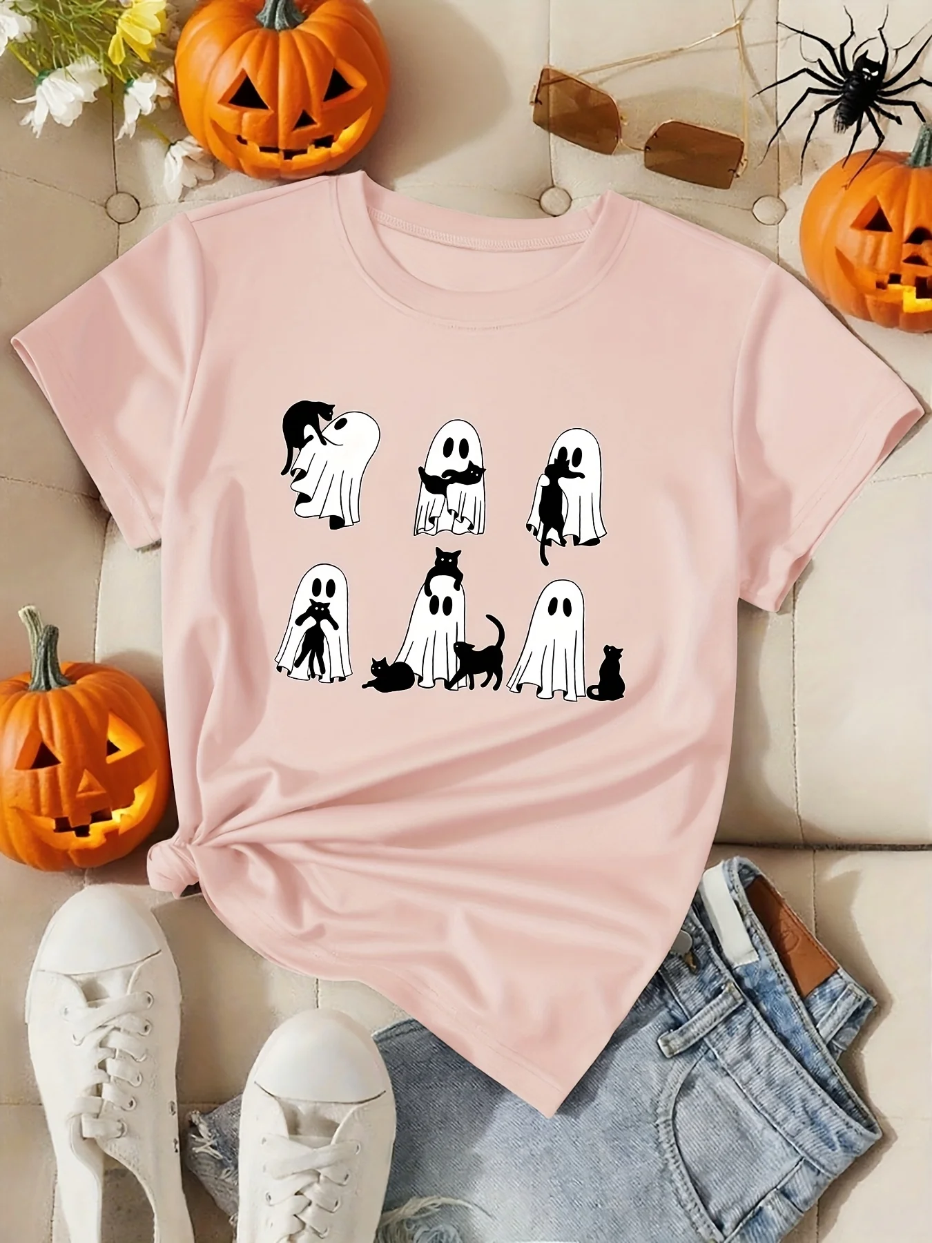 Ladies Halloween Ghost Pattern Casual T-shirt Black Cat Print Summer Sports Short Sleeve Vacation Pretend Fashion Women's Wear