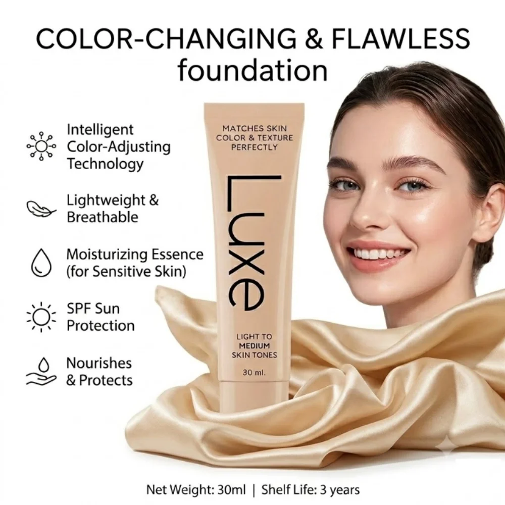 Base Líquida Mágica LUXE com Mudança de Cor, Ajuste Inteligente do Tom de Pele, Base Hidratante com Protetor Solar SPF, Cobertura Total, Creme CC