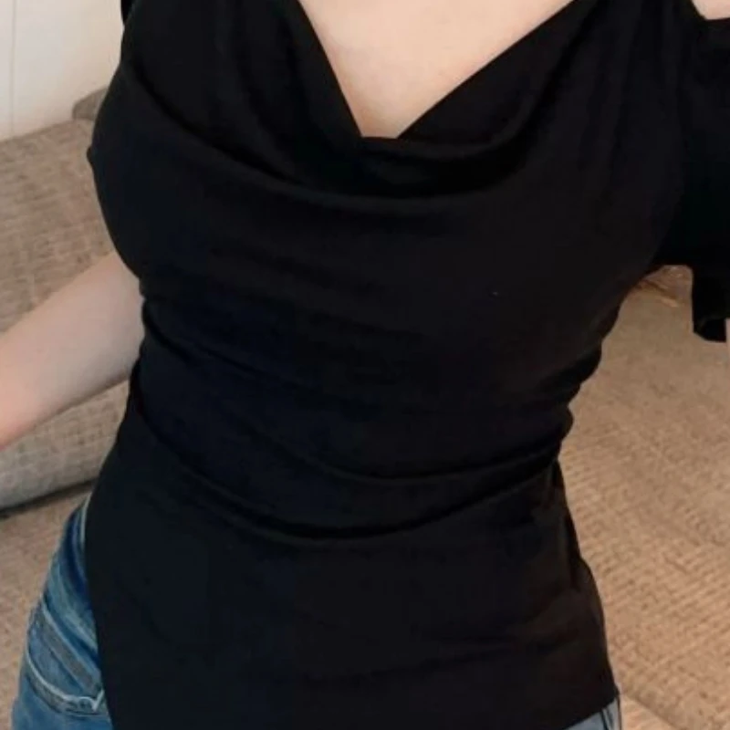 

Women's Fashion Sexy Swing Collar Off-shoulder Irregular Short Sleeve Slim T-shirt