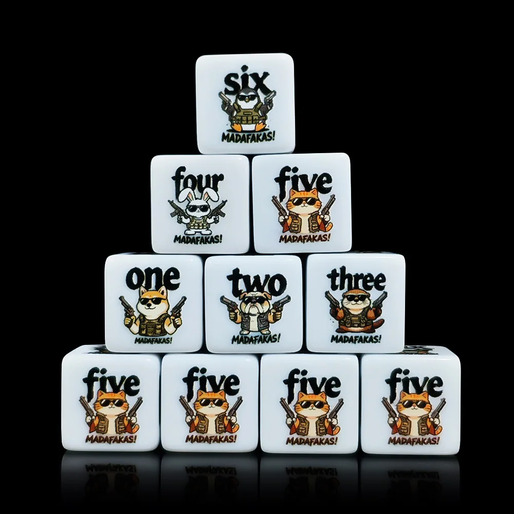 12PCS 16MM Tactical Animal Acrylic D6 Dice, Printed D6 Armed Pet Meme Pattern Set for DND RPG TRPG Tabletop Role Playing Game