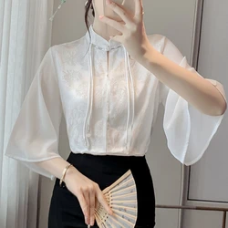 2024 Summer Chinese Style Fashion Slim Fit Half Sleeve Blouses Solid Slash Neck Bandage Embroidered Spliced Women's Shirt Top