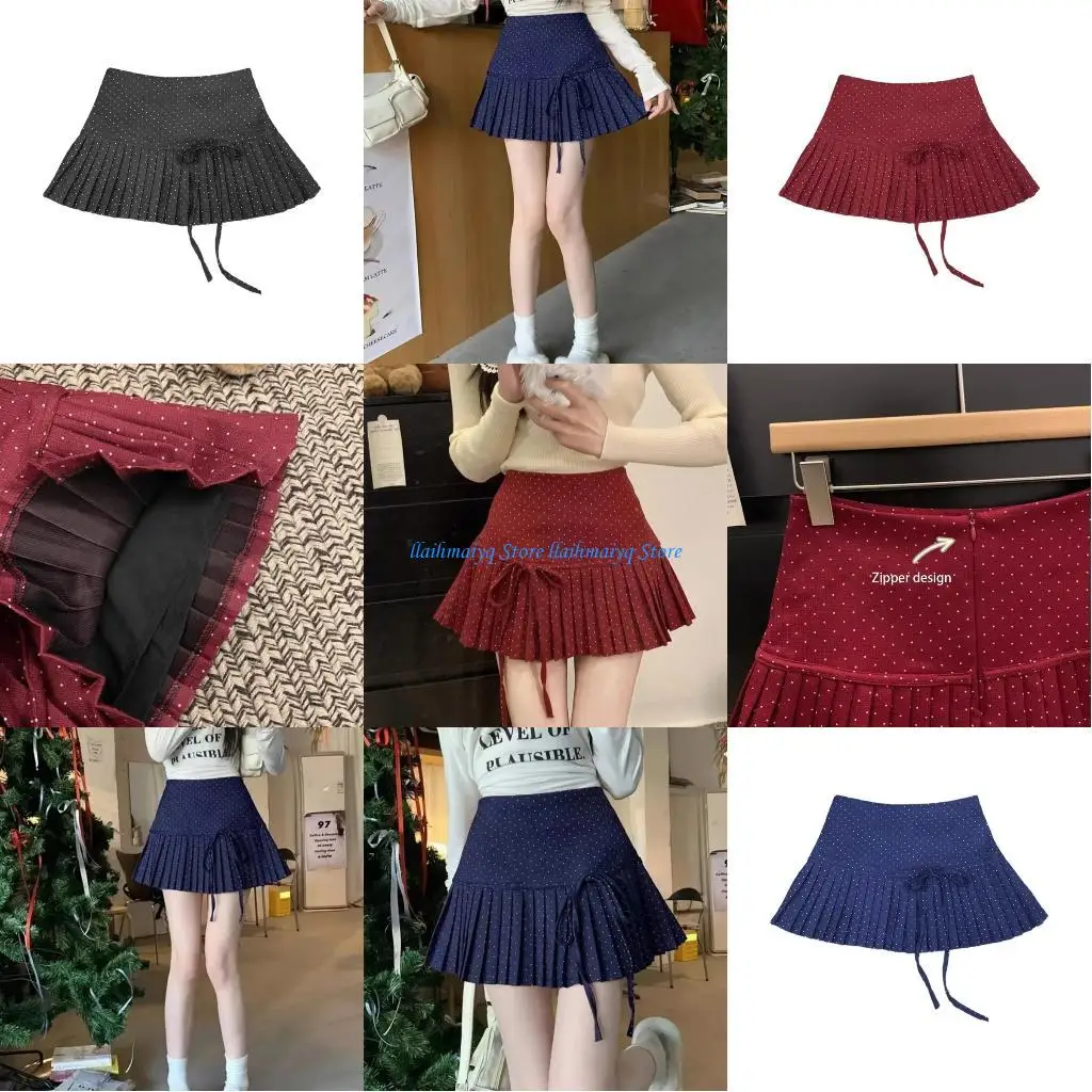 573B สตรีสูงเอวโรงเรียน Flared Casual Mini Skater กระโปรง Dot พิมพ์หวาน Bows สายจีบกระโปรงสั้น Undershort