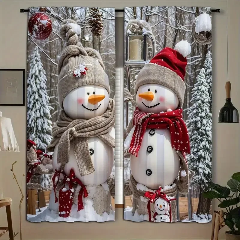 Christmas snowman printed curtains, pole bag curtains, bedroom and living room decoration, home decoration, Christmas decoration