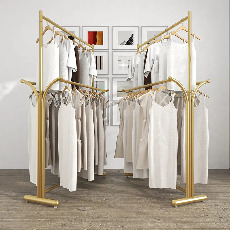 Clothing store double row middle island rack multi-functional display rack household double layer drying rack floor balcony