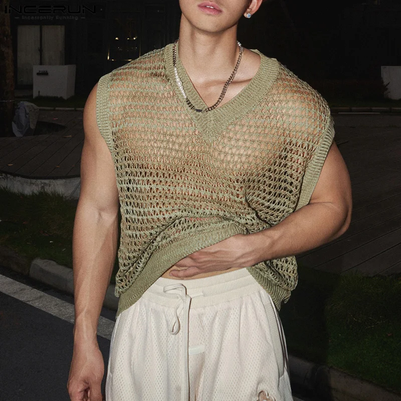 INCERUN Men Tank Tops Solid Color Mesh Transparent V Neck Sleeveless Male Vests Summer Streetwear 2024 Sexy Fashion Men Clothing