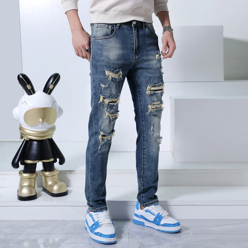 

Street fashion motorcycle jeans men's ripped skinny trendy casual stretch slim fit Blue small feet handsome pants