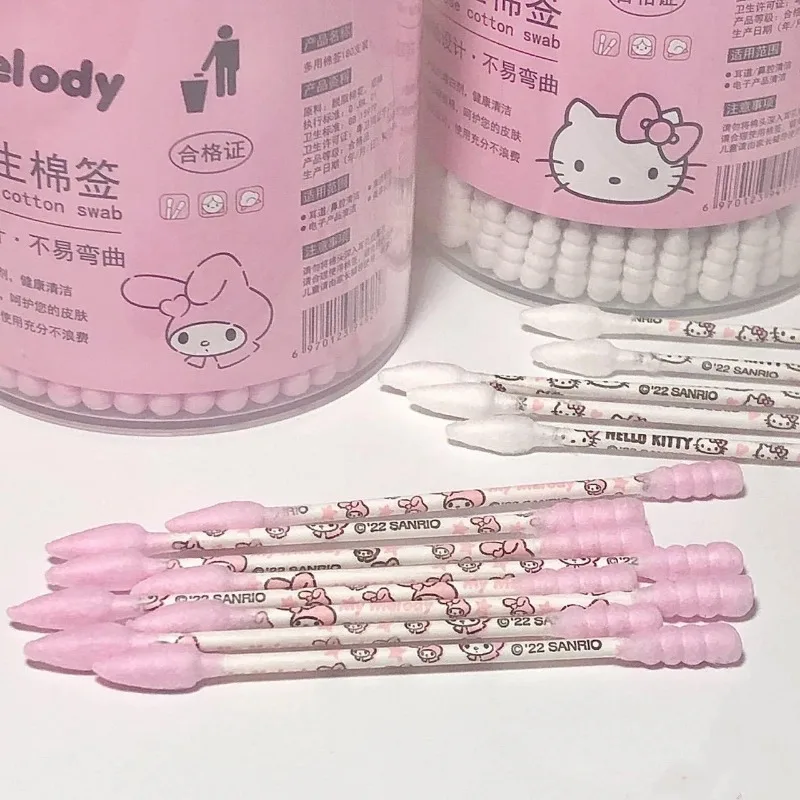 Sanrios Hellokittys Anime Kawaii Disposable Multi-purpose Sanitary Swab My Melody Spiral Ear Makeup Double Ended Cotton Swab