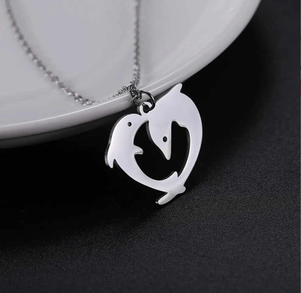 1PC Stainless Steel Necklace For Women Man Playful Couple Dolphin Pendant Necklace Engagement Jewelry F1531