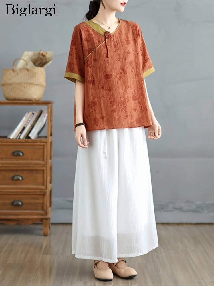 

Oversized Summer 2 Two Piece Set Women Floral Print Fashion Ladies V-Neck Blouses Wide Leg Loose Pleated Woman Pant