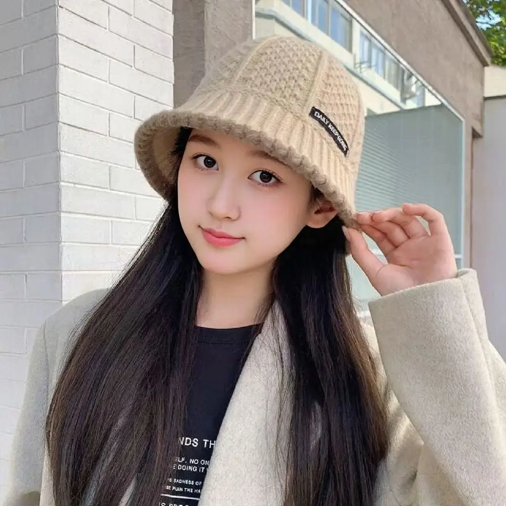 Polyester Fiber Knitted Bucket Hat Windproof Warm Wool Basin Cap Korean Style Solid Color Women Fisherman Hat Shopping Travel