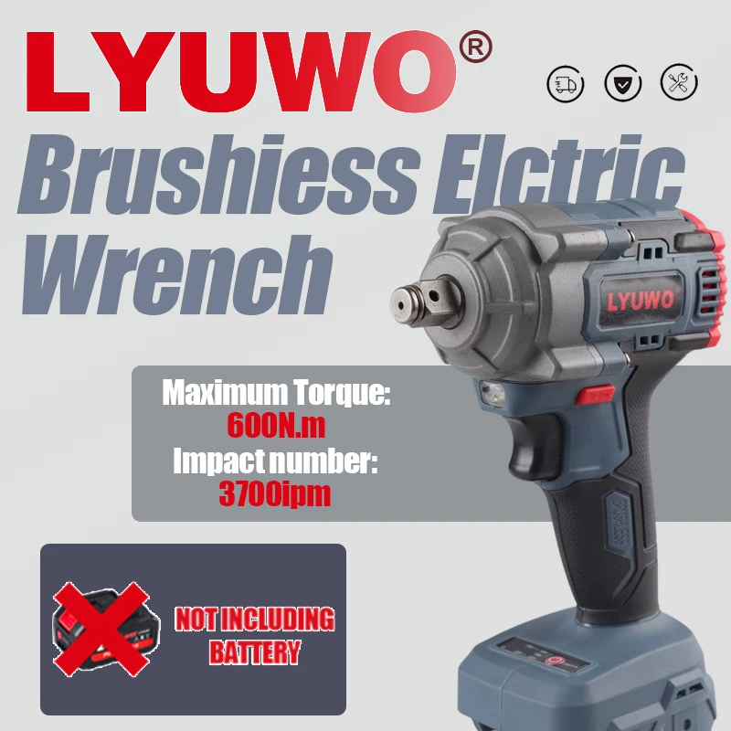 

LYUWO 600N high torque brushless professional electric wrench for home improvement, repair, auto and motorcycle with LED light
