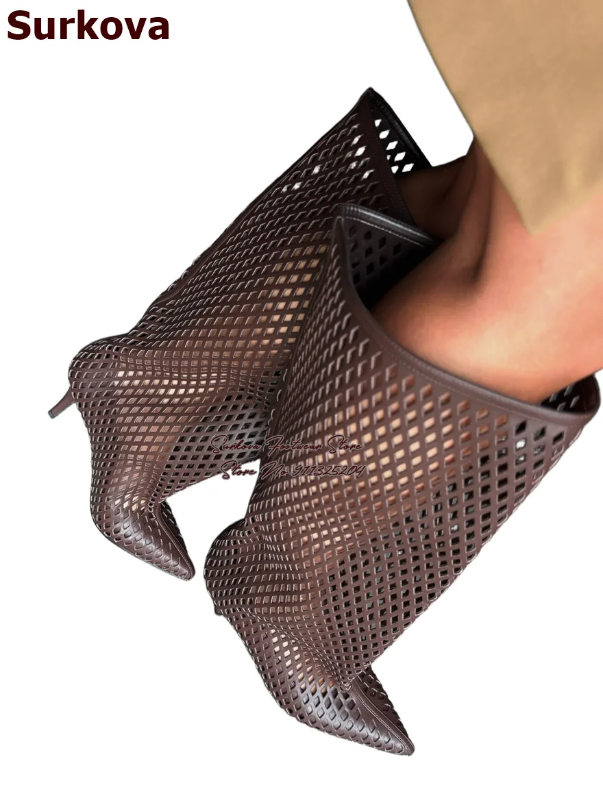 Coffee Matte Network Knee High Slouchy Summer Boots Stiletto Heels Pointed Toe Small Holes Hollow Out Cool Boots Caged Sandals