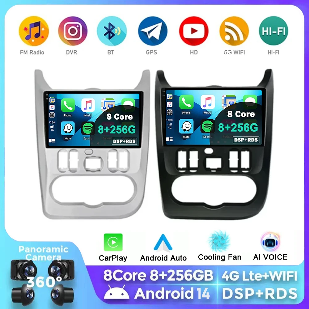 

Android 14 Carplay Car Radio For Renault Logan 1 Sandero 2009 - 2015 Navigation GPS Multimedia Player stereo BT DSP wifi+4G Auto