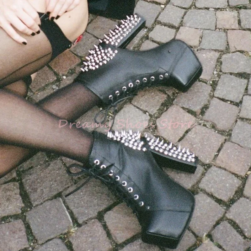 

Black Leather Rivets Platform Ankle Boots Women Lace Up Chunky Heel Short Boots Fashion Trendy Punk Party Club Ladies Shoes New