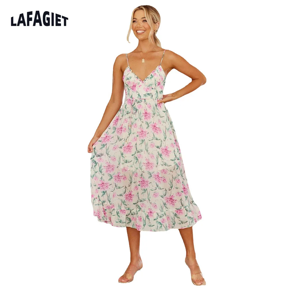 ผู้หญิงสลิงเซ็กซี่ฤดูร้อน Floral V คอหลวมยาวชุดปาร์ตี้ชุดวินเทจดอกไม้ชุดสวมใส่อย่างเป็นทางการสำหรับผู้หญิง