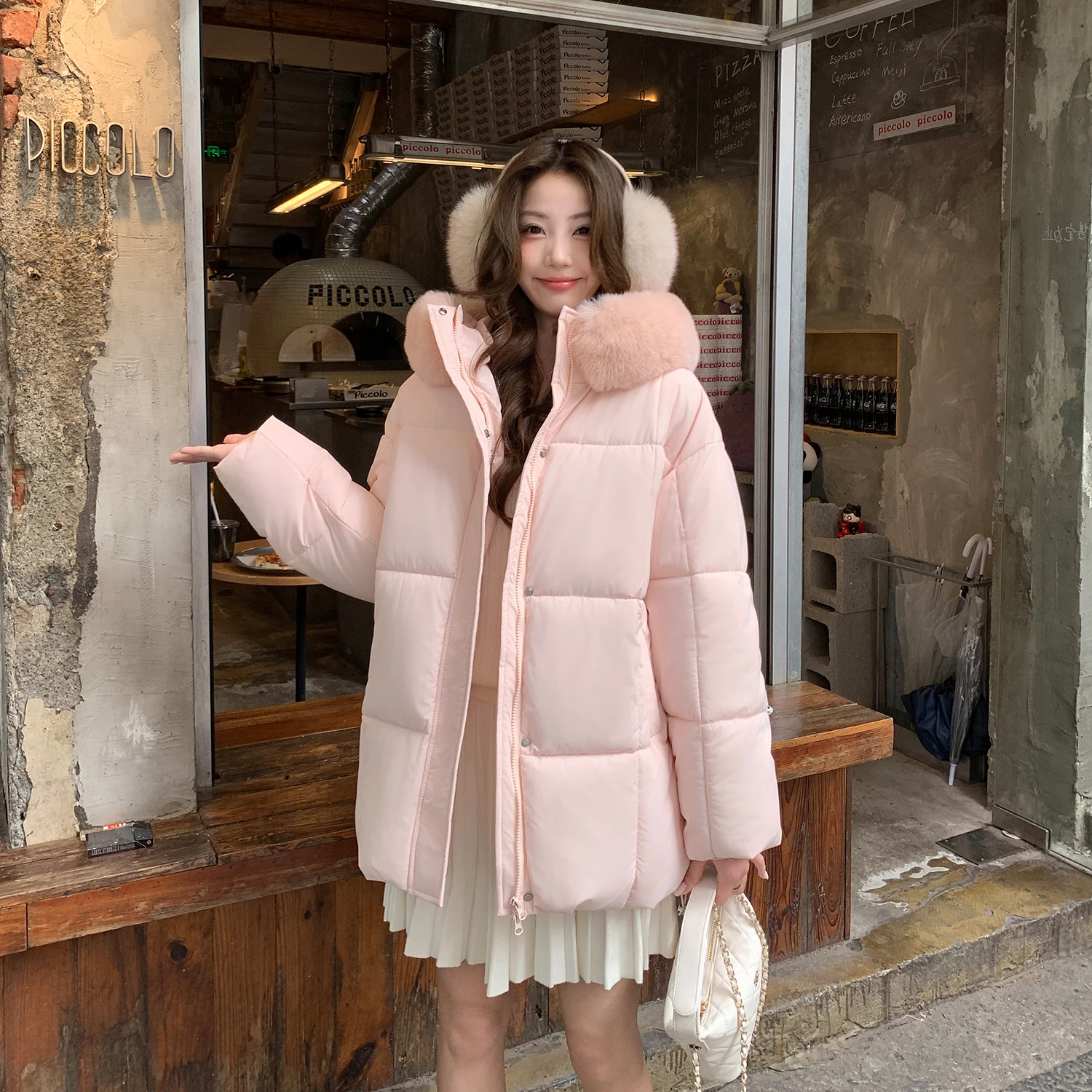 

2025 Autumn Winter Casual Solid Jackets Women's Fur Hooded Thick Parkas Zipper Button Loose Warm Coats Pockets Elegant Jacket