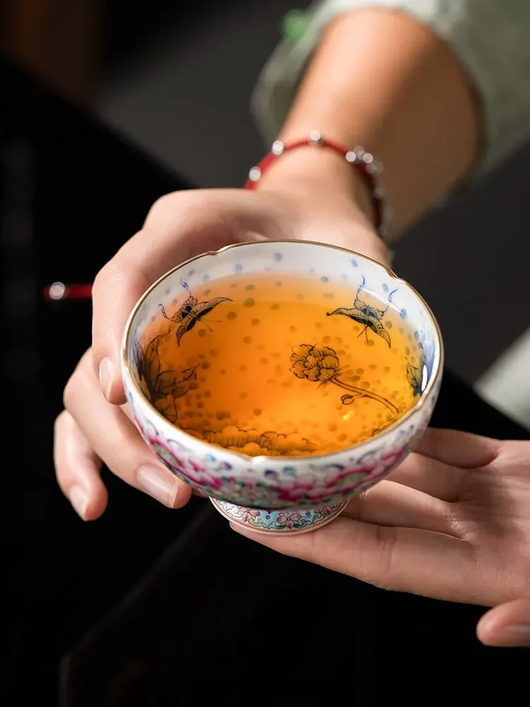 Jingdezhen hand-painted enamel color, high foot cup master cup