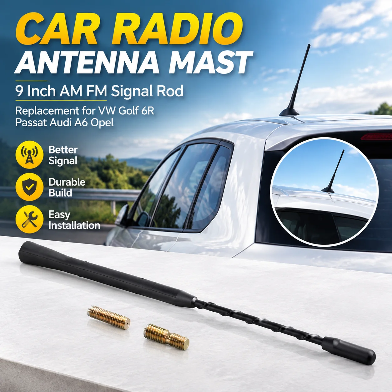 Car Radio Antenna Mast 9 Inch AM FM Signal Rod Replacement for VW Golf 6R Passat Audi A6 Opel