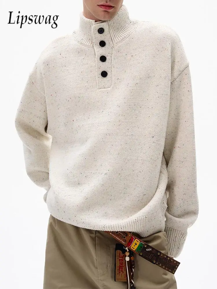 

Stylish Men's Buttoned Stand Collar Jumper Tops Fall Winter Outdoor Casual Solid Color Sweaters Mens Vintage Knitting Pullovers