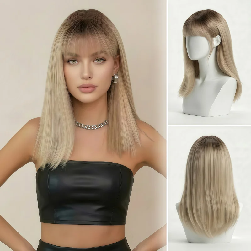 Light gold bob hair piece, black root straight bob styling wig, women's synthetic shoulder length with bangs wig, heat-resistant